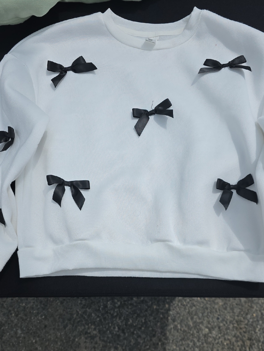 White Sweatshirt with Black Ribbon Bows
